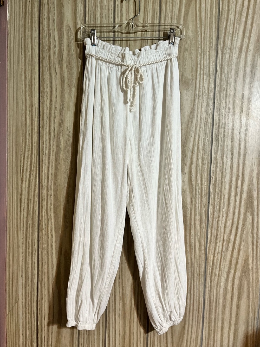 Oni White 100% Cotton Paperbag Waist Jogger Pants Elastic Cuff Small